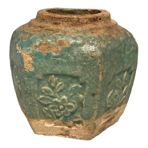 Qing Dynasty Ginger Pot Jar Vase Glazed Earthenware Green c1900 Floral Design Sh - Picture 4 of 7